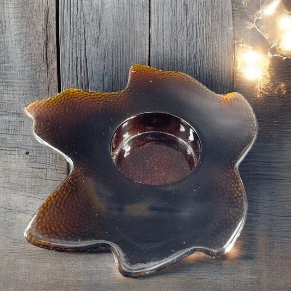 1990s Hallmark Deep Brown Glass Maple Leaf Votive Tea Candle Holder Single VTG - Picture 1 of 15